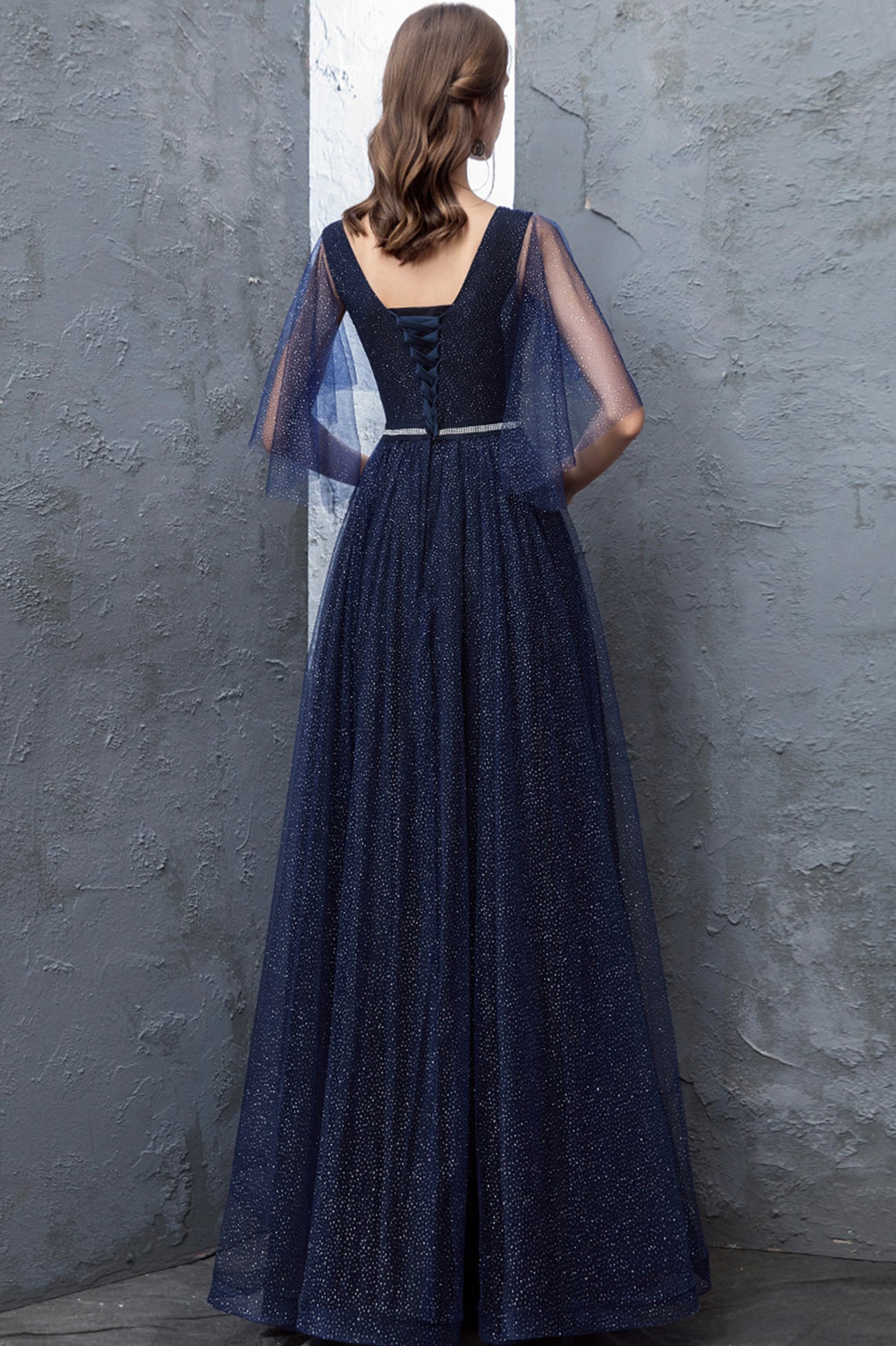 Blue Tulle Long A-Line Prom Dress, Cute V-Neck Graduation Dress