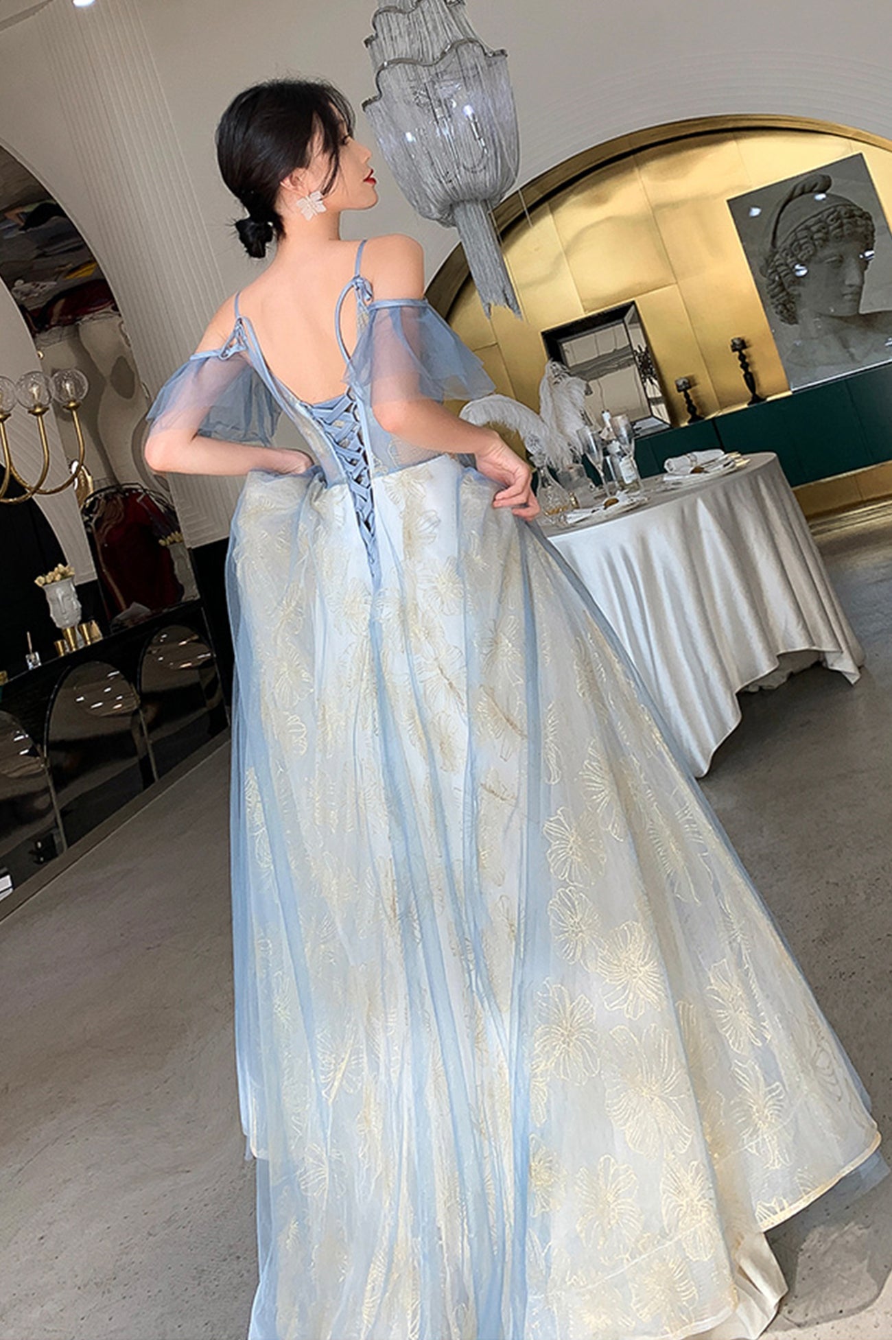 Blue Tulle Long A-Line Prom Dress, Beautiful Sequins Evening Graduation Dress