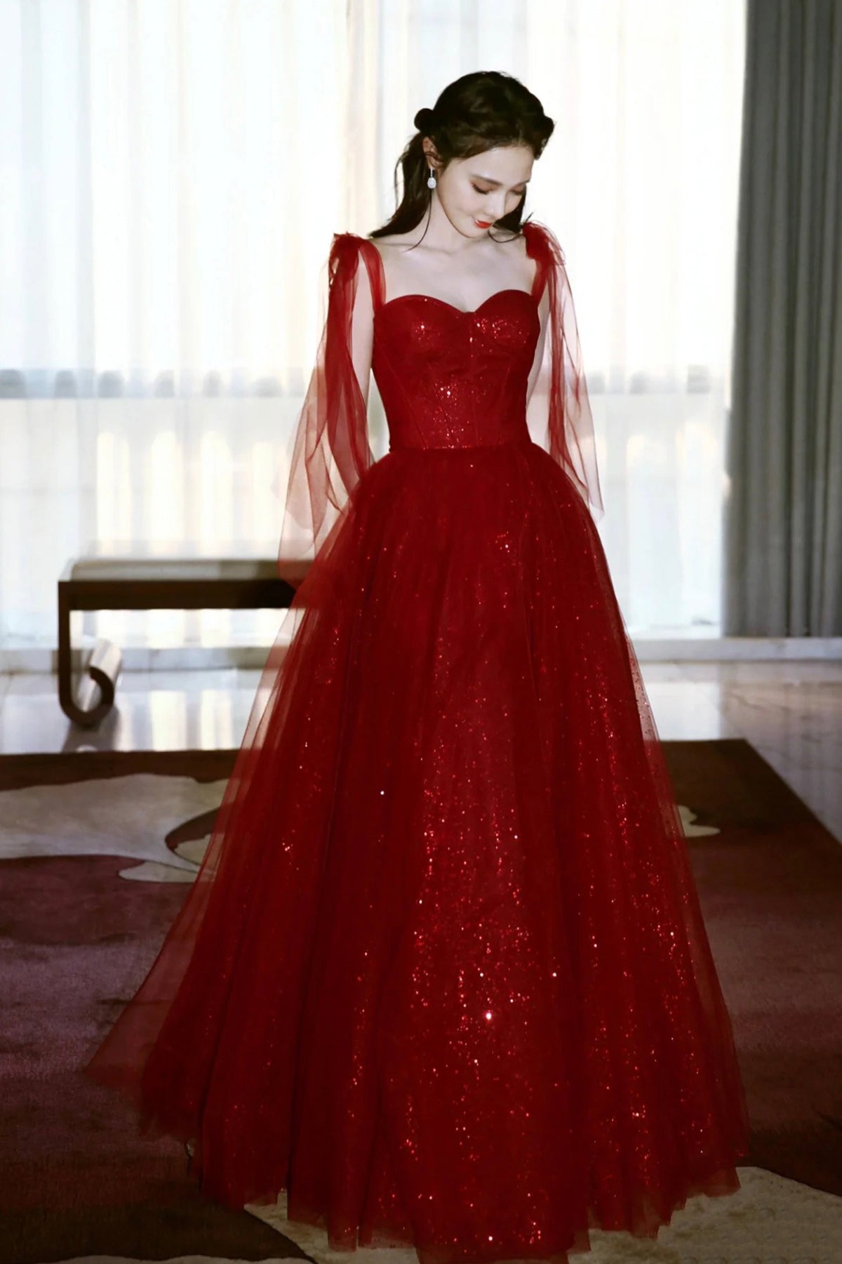 Dark Red Tulle Sequins Long Prom Dress, Beautiful A-Line Party Dress with Corset