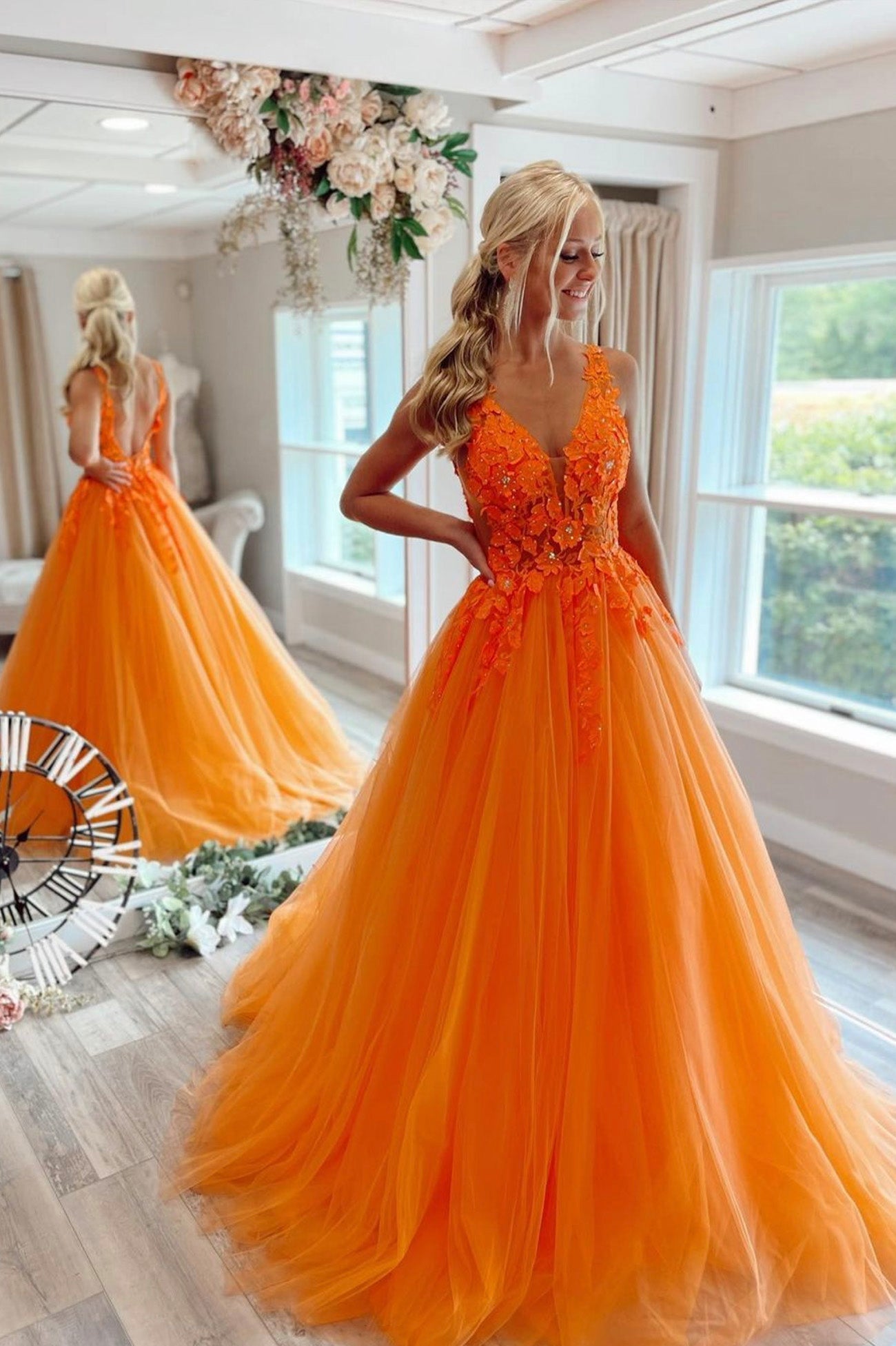 Vestidos de fiesta largos de tul con encaje naranja, vestido formal de corte A con ilusión