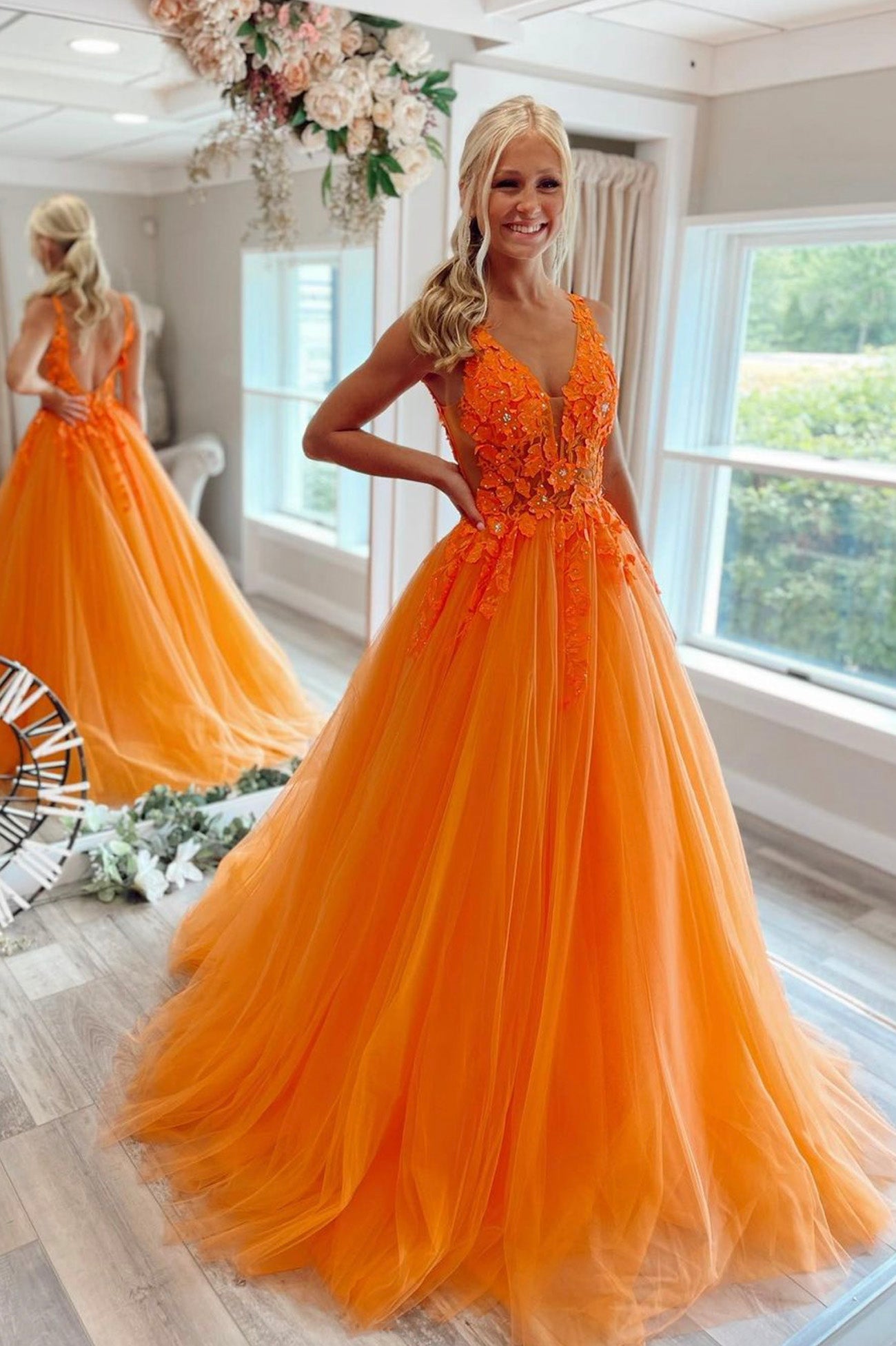 Vestidos de fiesta largos de tul con encaje naranja, vestido formal de corte A con ilusión