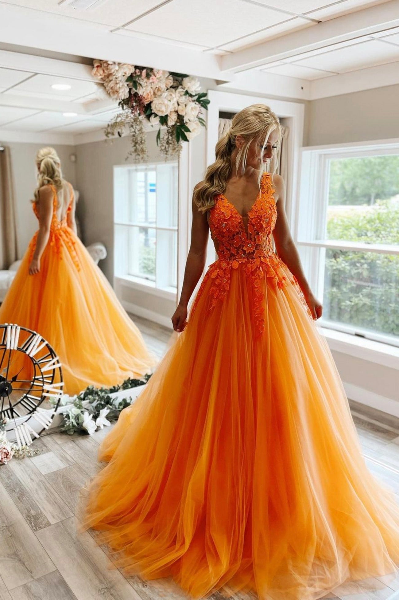 Vestidos de fiesta largos de tul con encaje naranja, vestido formal de corte A con ilusión