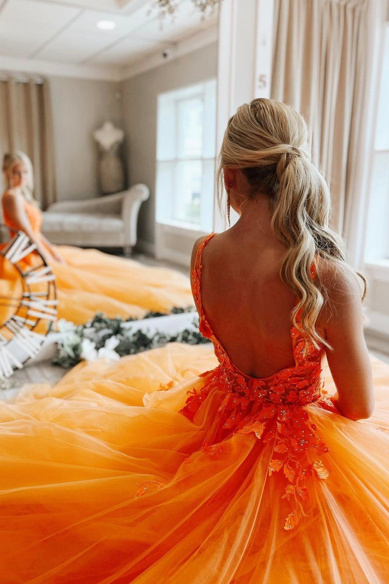 Vestidos de fiesta largos de tul con encaje naranja, vestido formal de corte A con ilusión