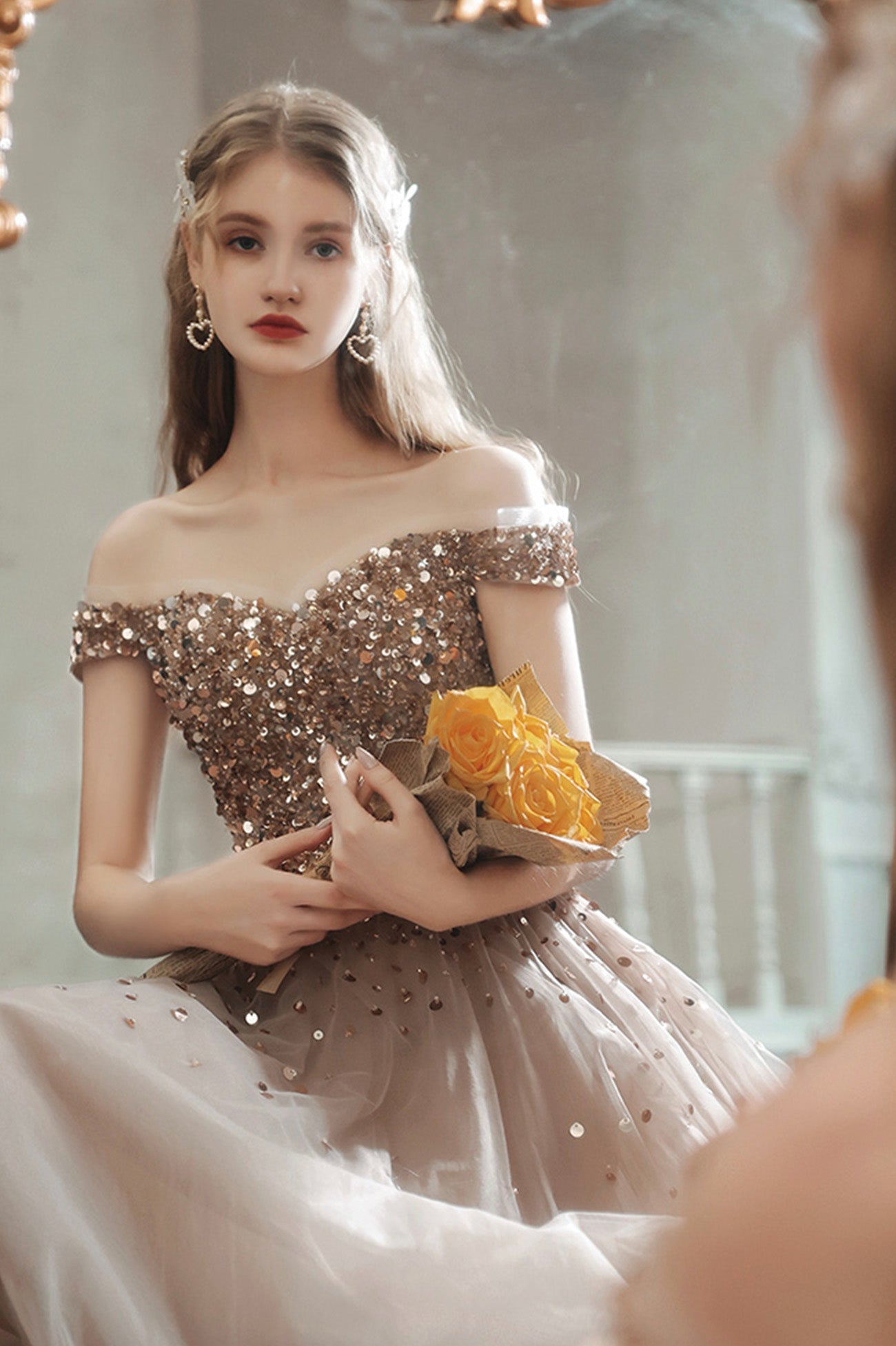 A-Line Tulle Long Prom Dress with Sequins, Lovely Off the Shoulder Evening Dress