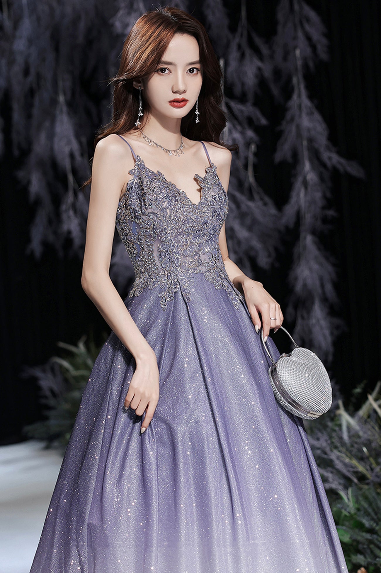 Purple V-Neck Lace Long Prom Dress, Purple Gradient Party Dress with Pockets