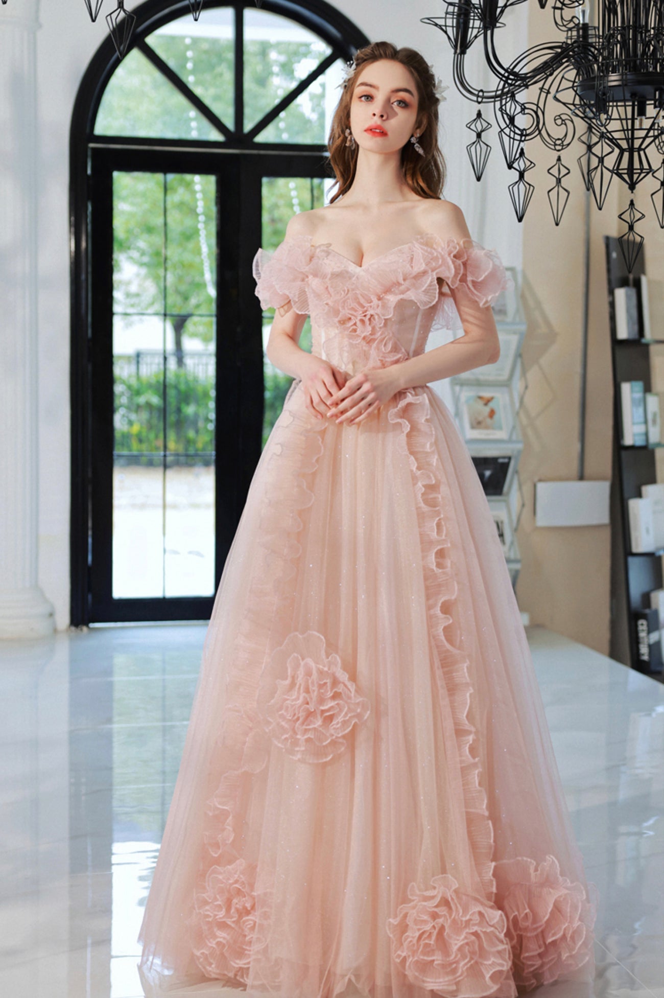 Pink Tulle Long A-Line Prom Dress, Lovely Off the Shoulder Evening Dress