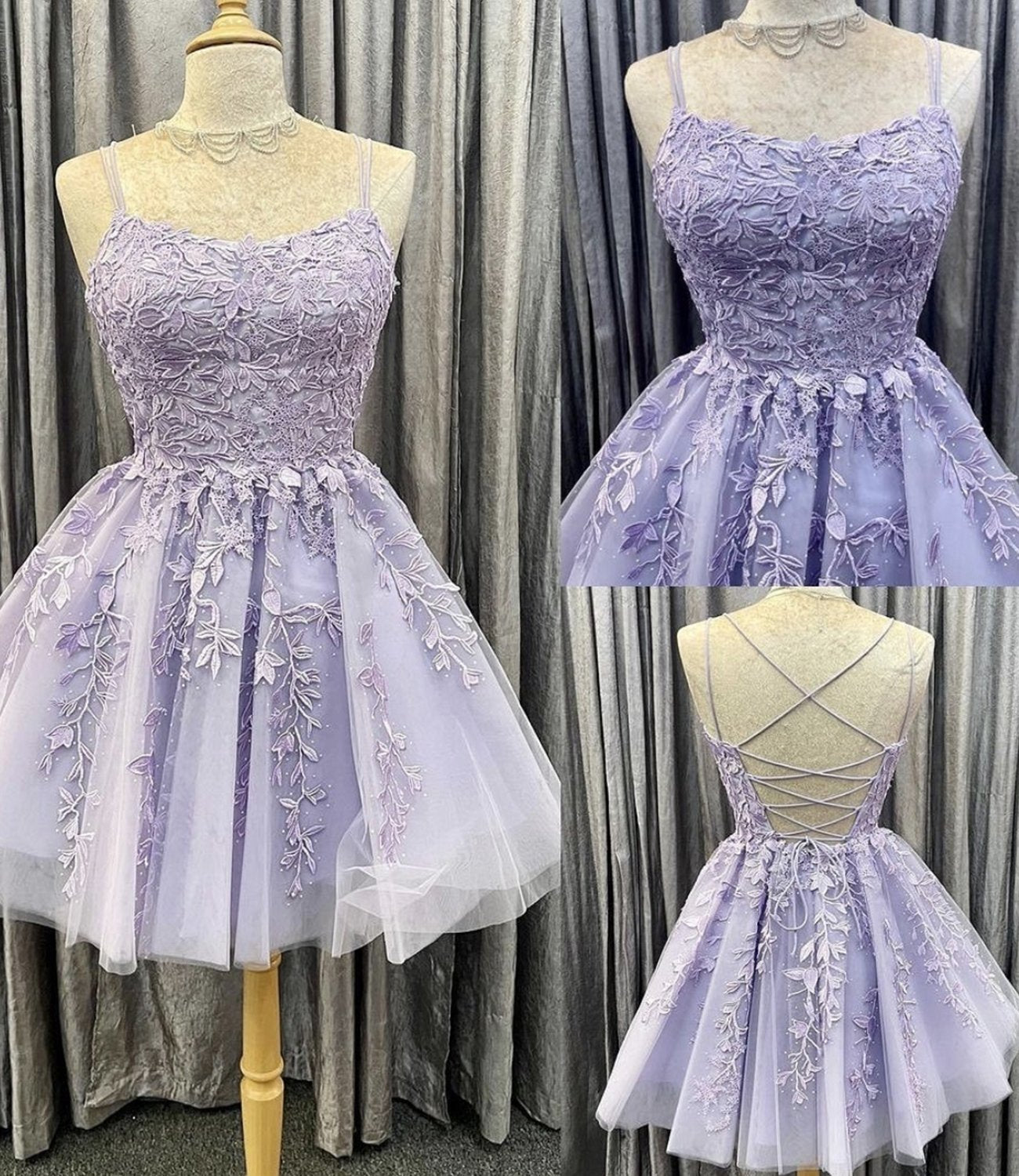 Vestido de fiesta corto de encaje lavanda con corte A y elegante vestido de cóctel