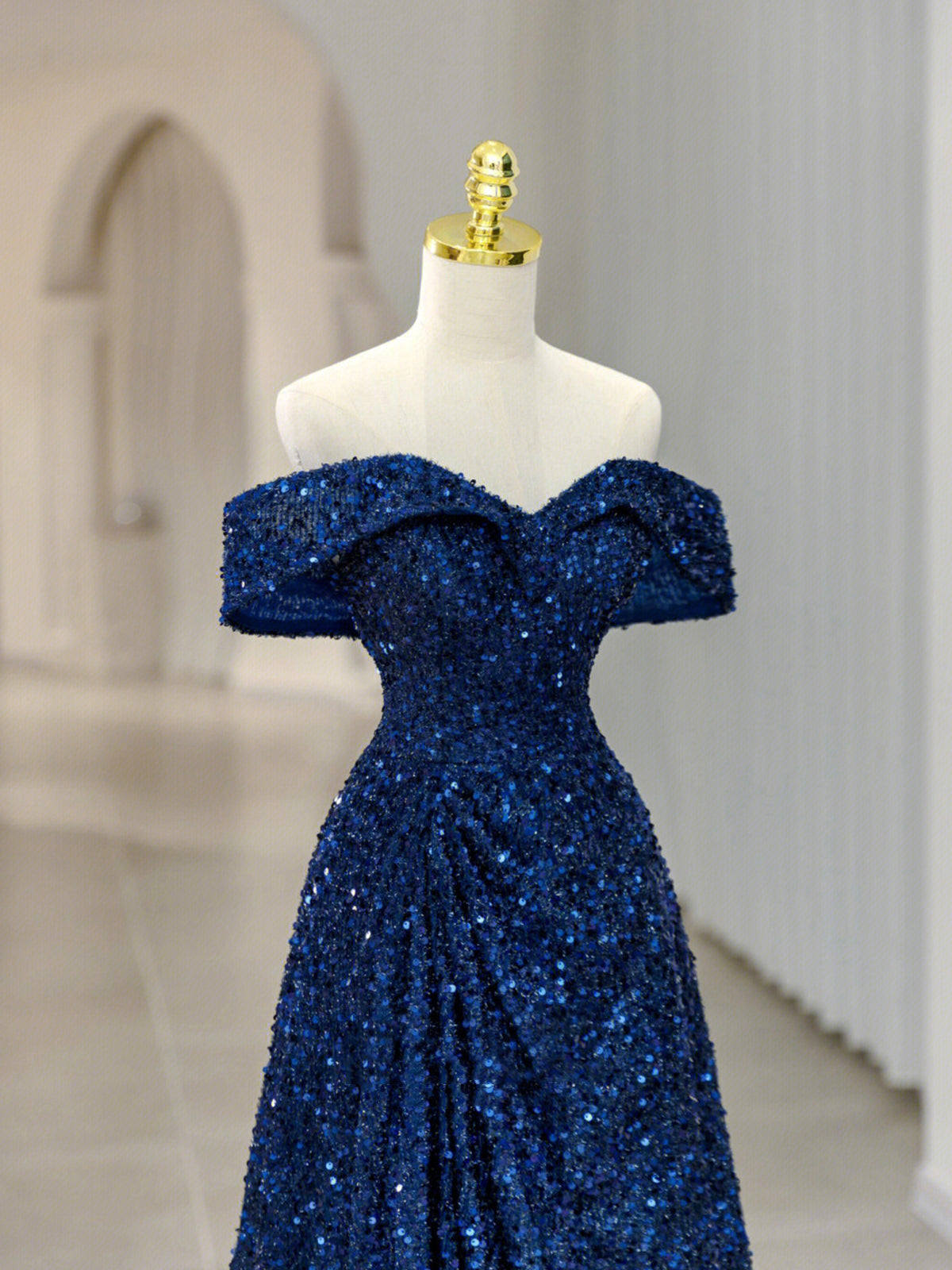 Vestido de fiesta largo con lentejuelas azul real, vestidos de noche formales con hombros descubiertos