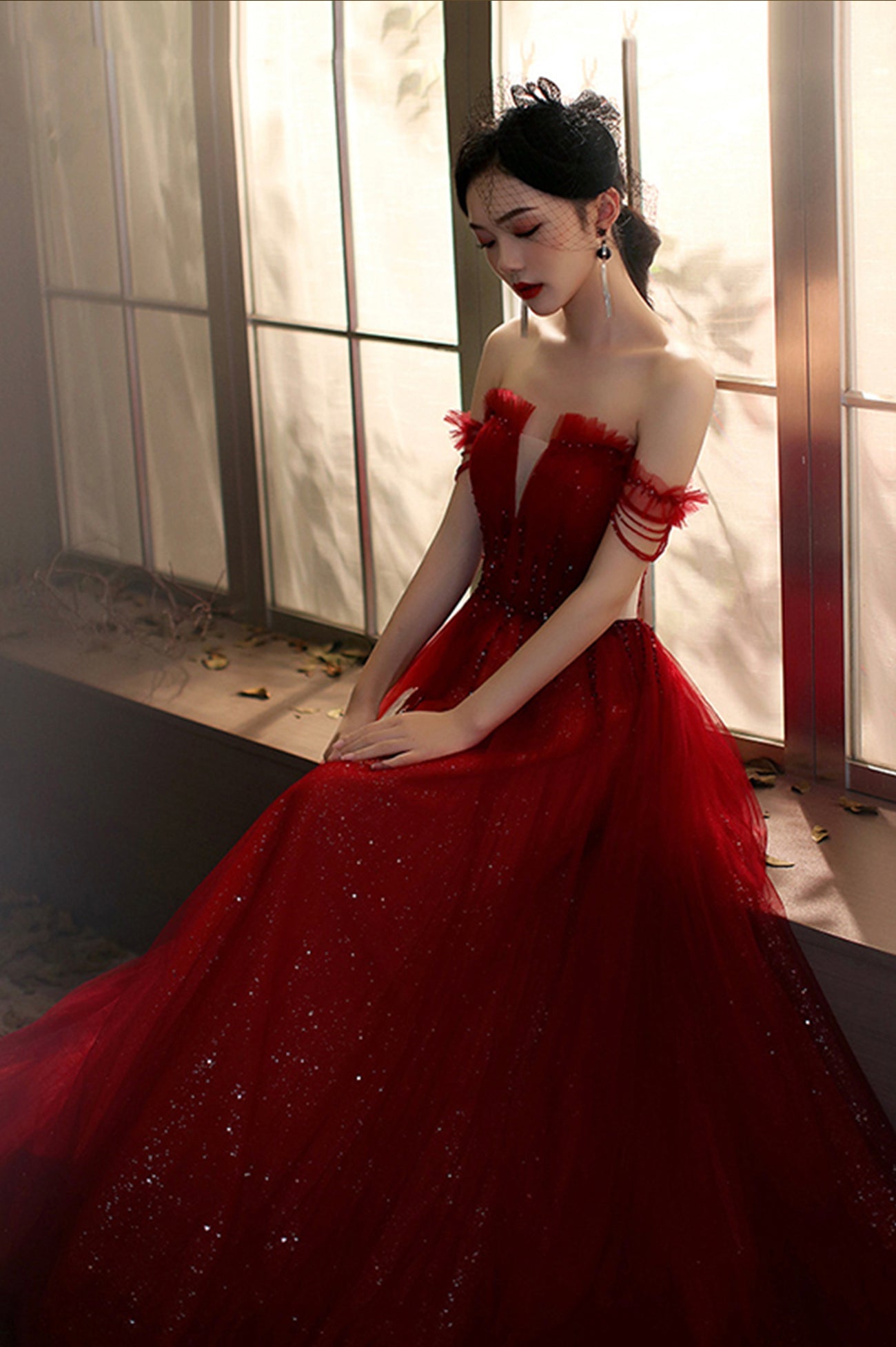 Red Tulle Beaded Long Prom Dress, A-Line Off the Shoulder Evening Dress