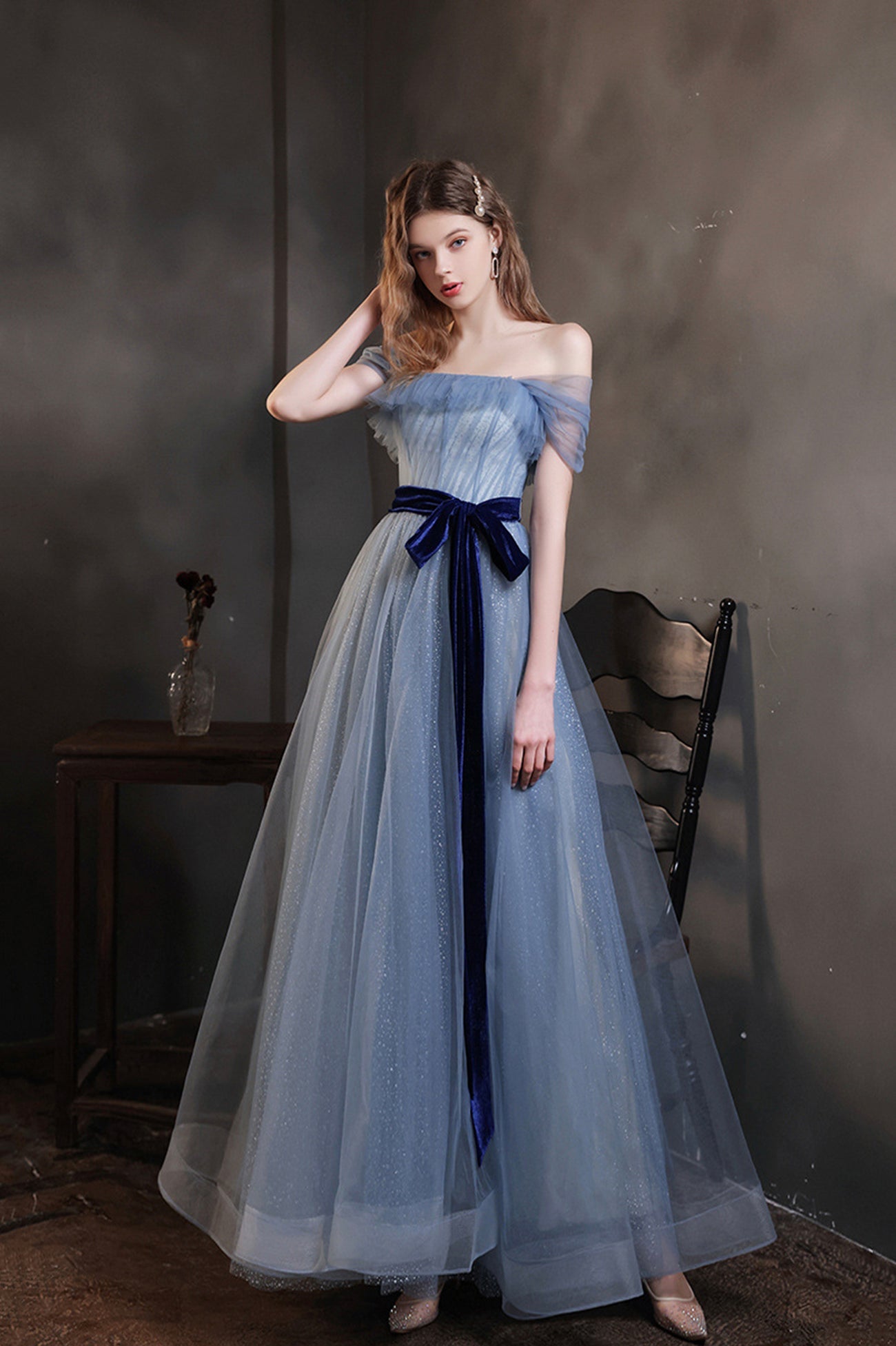 Blue Tulle Long A-Line Prom Dress, Cute Off the Shoulder Evening Graduation Dress
