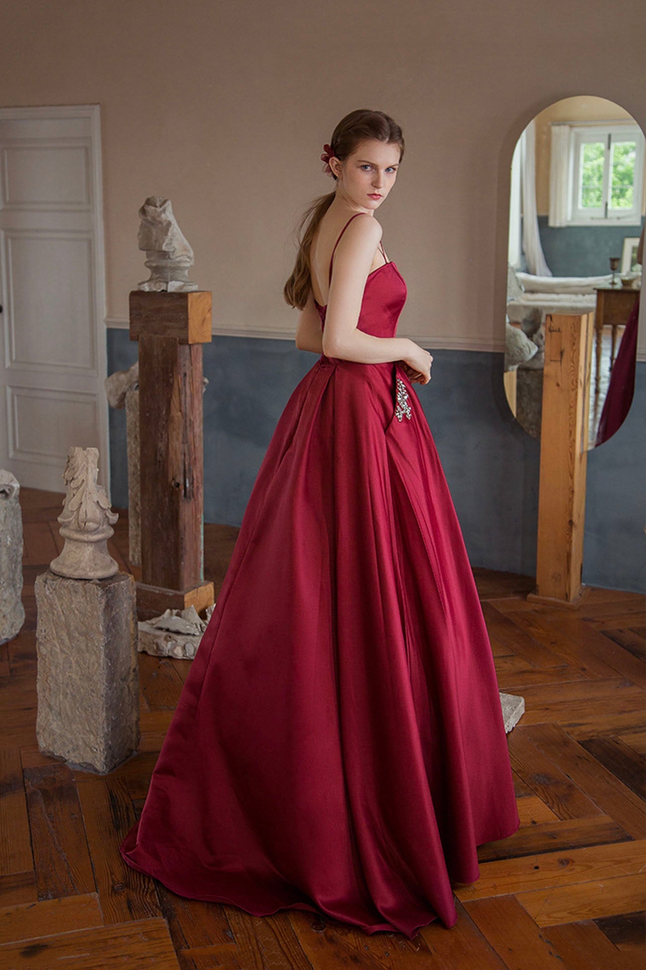 Burgundy Strapless Satin Long Prom Dress, A-Line Evening Graduation Dress