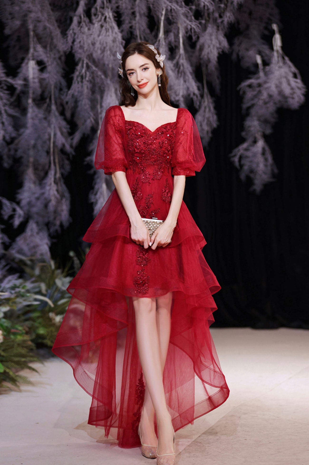 Burgundy Tulle High Low Prom Dress, Cute Short Sleeve Homecoming Party Dress