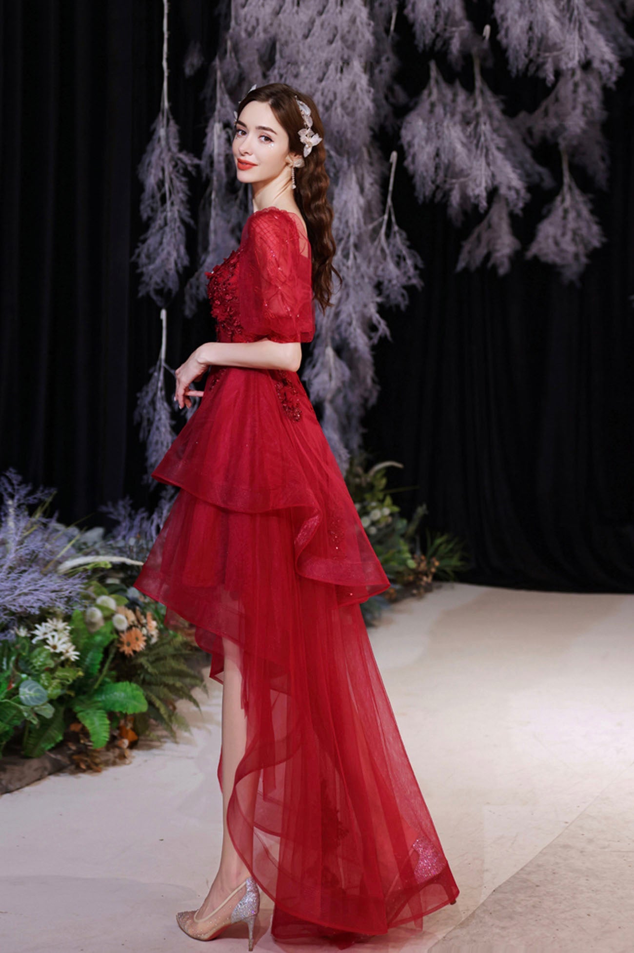 Burgundy Tulle High Low Prom Dress, Cute Short Sleeve Homecoming Party Dress