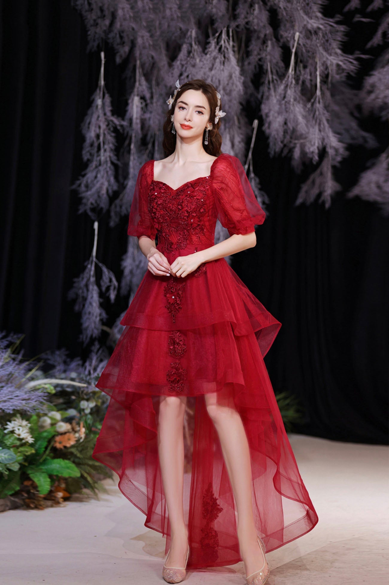 Burgundy Tulle High Low Prom Dress, Cute Short Sleeve Homecoming Party Dress