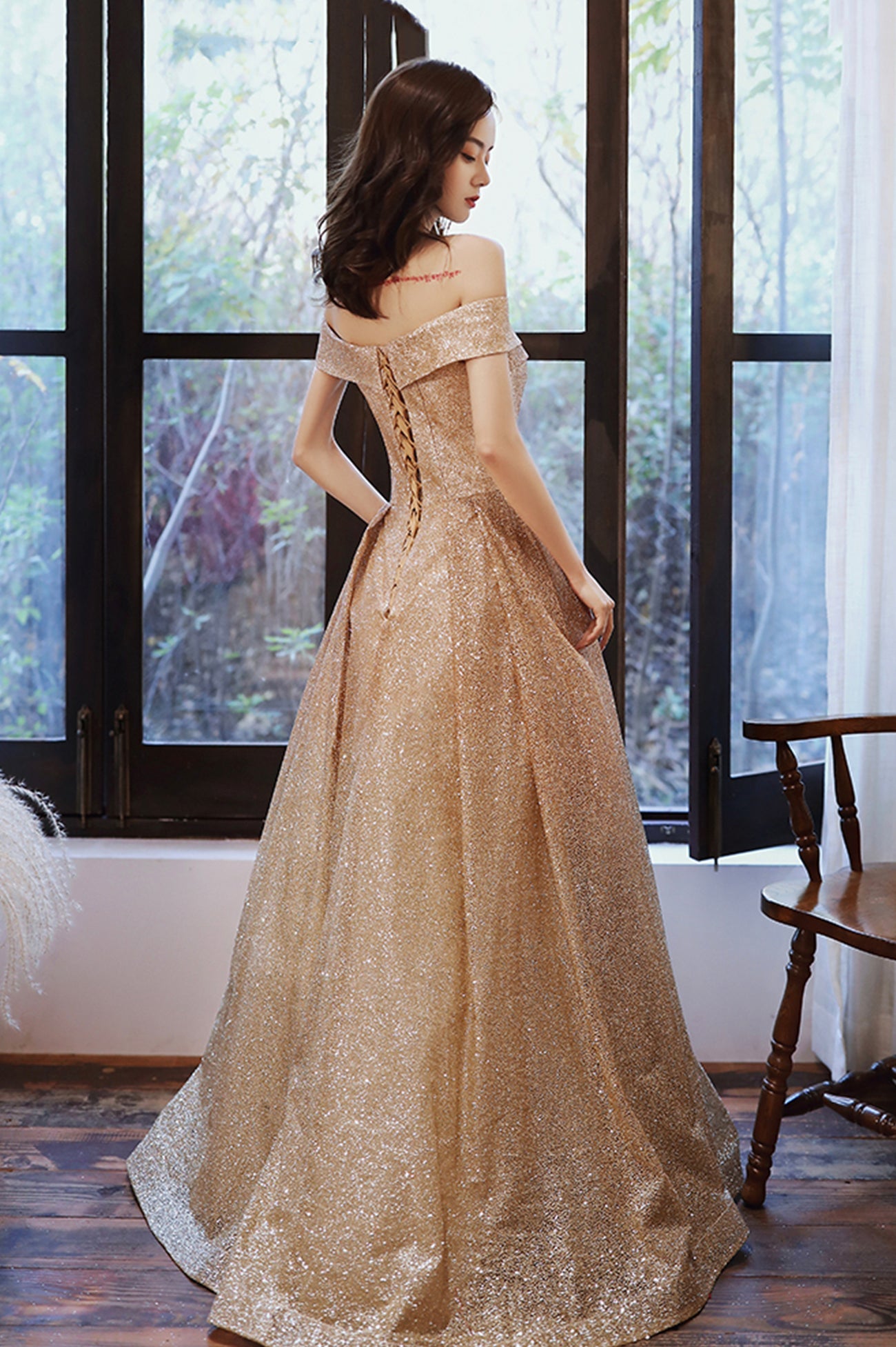 Gold Sequins Off the Shoulder Prom Dress, Shiny A-Line Evening Party Dress