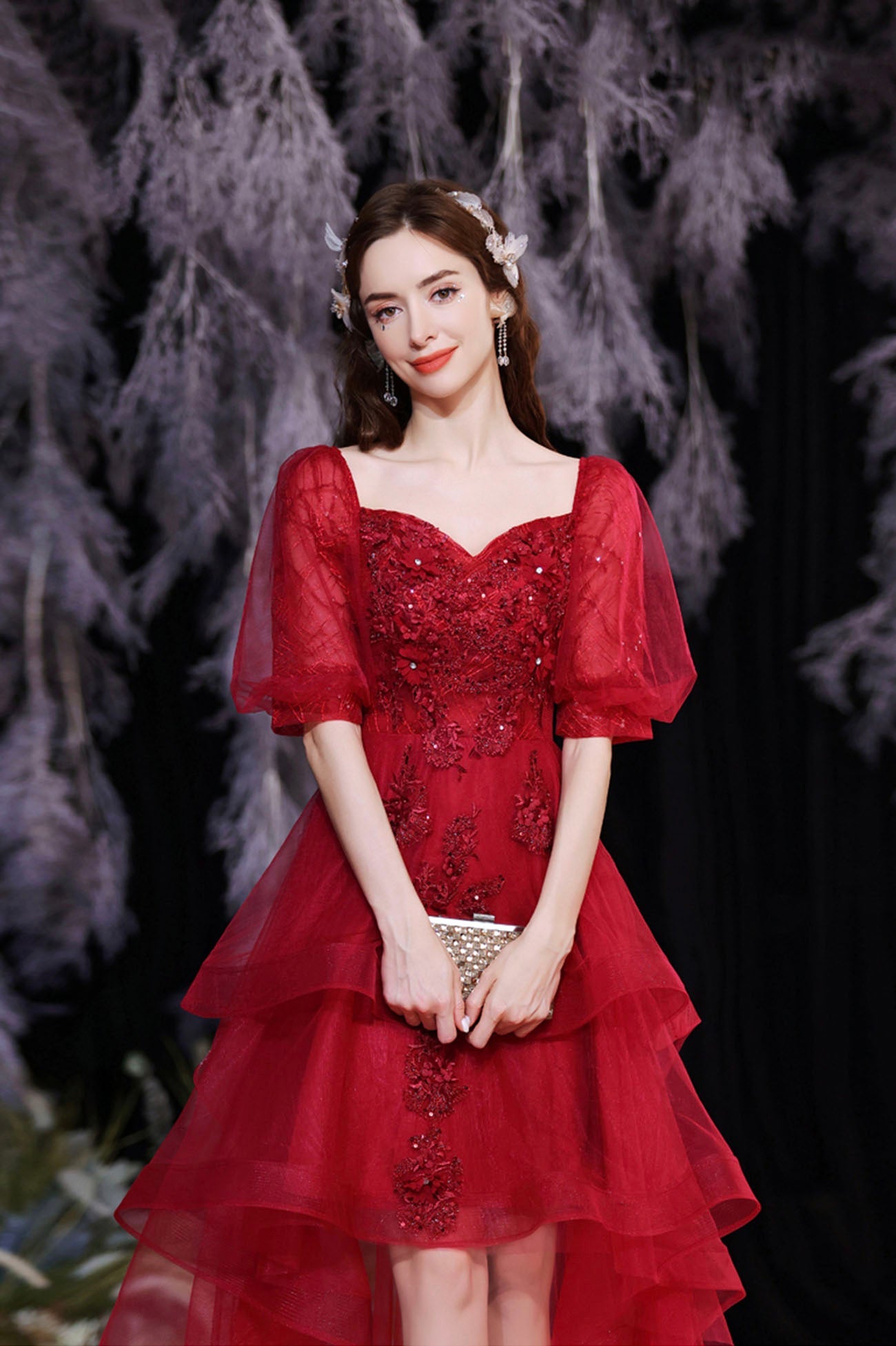 Burgundy Tulle High Low Prom Dress, Cute Short Sleeve Homecoming Party Dress