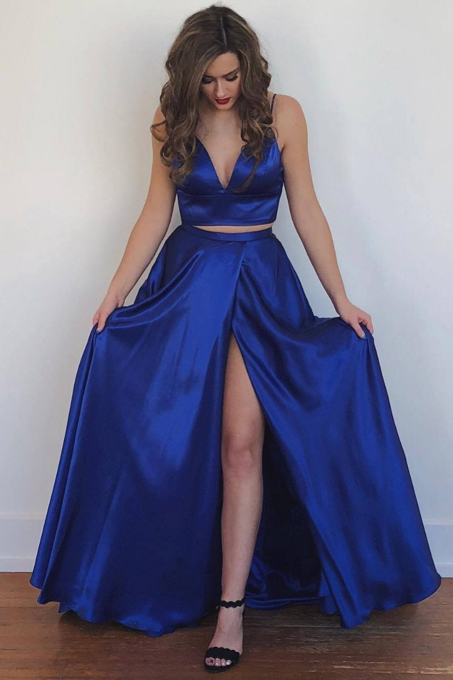 Vestido de fiesta largo azul rey de dos piezas con abertura frontal y largo hasta el suelo, vestidos de noche rojos