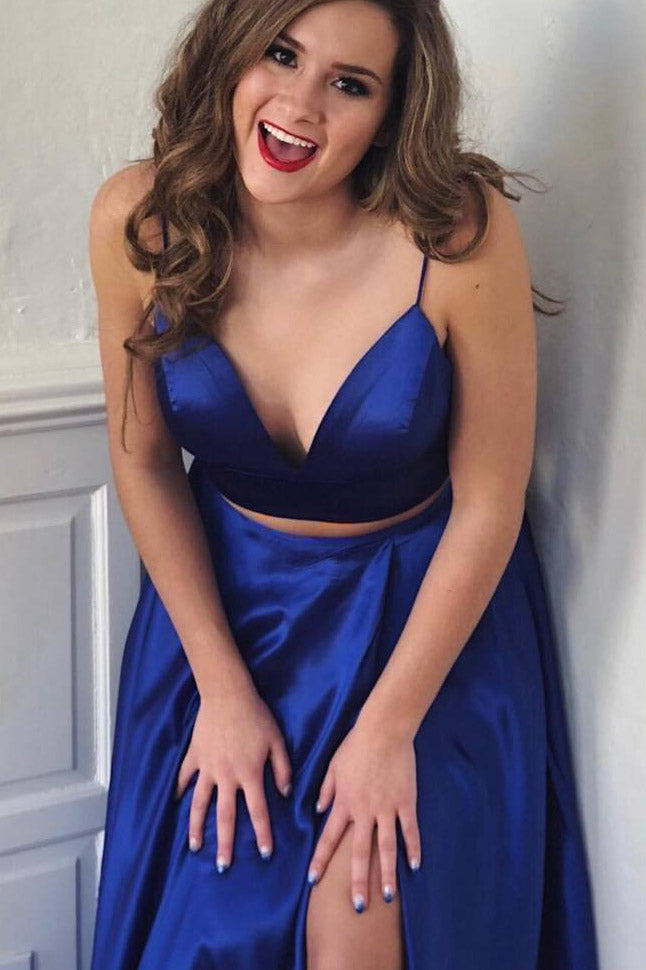 Vestido de fiesta largo azul rey de dos piezas con abertura frontal y largo hasta el suelo, vestidos de noche rojos