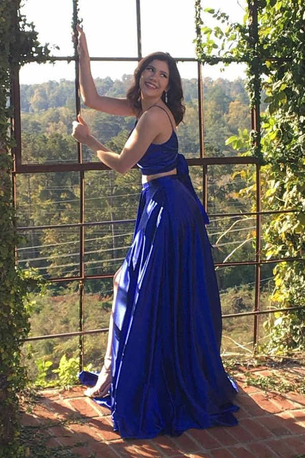 Vestido de fiesta largo azul rey de dos piezas con abertura frontal y largo hasta el suelo, vestidos de noche rojos