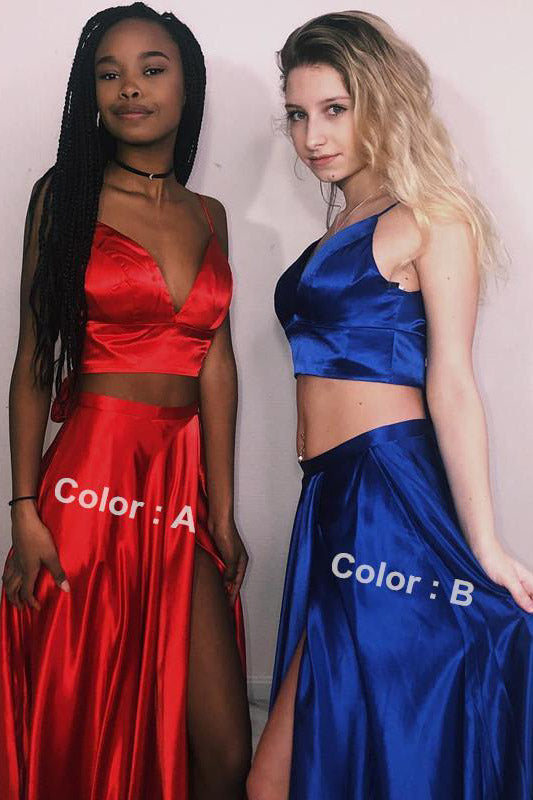 Vestido de fiesta largo azul rey de dos piezas con abertura frontal y largo hasta el suelo, vestidos de noche rojos