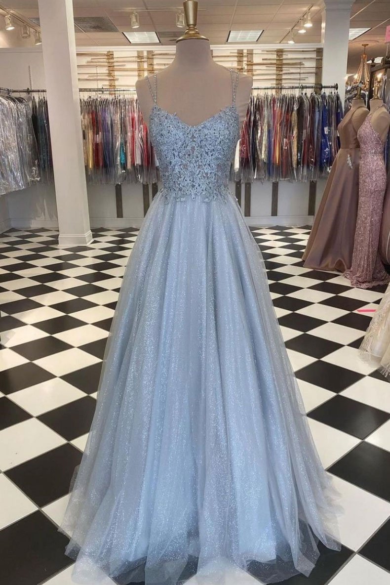Vestido de fiesta largo de tul gris con encaje, vestido formal de tul gris