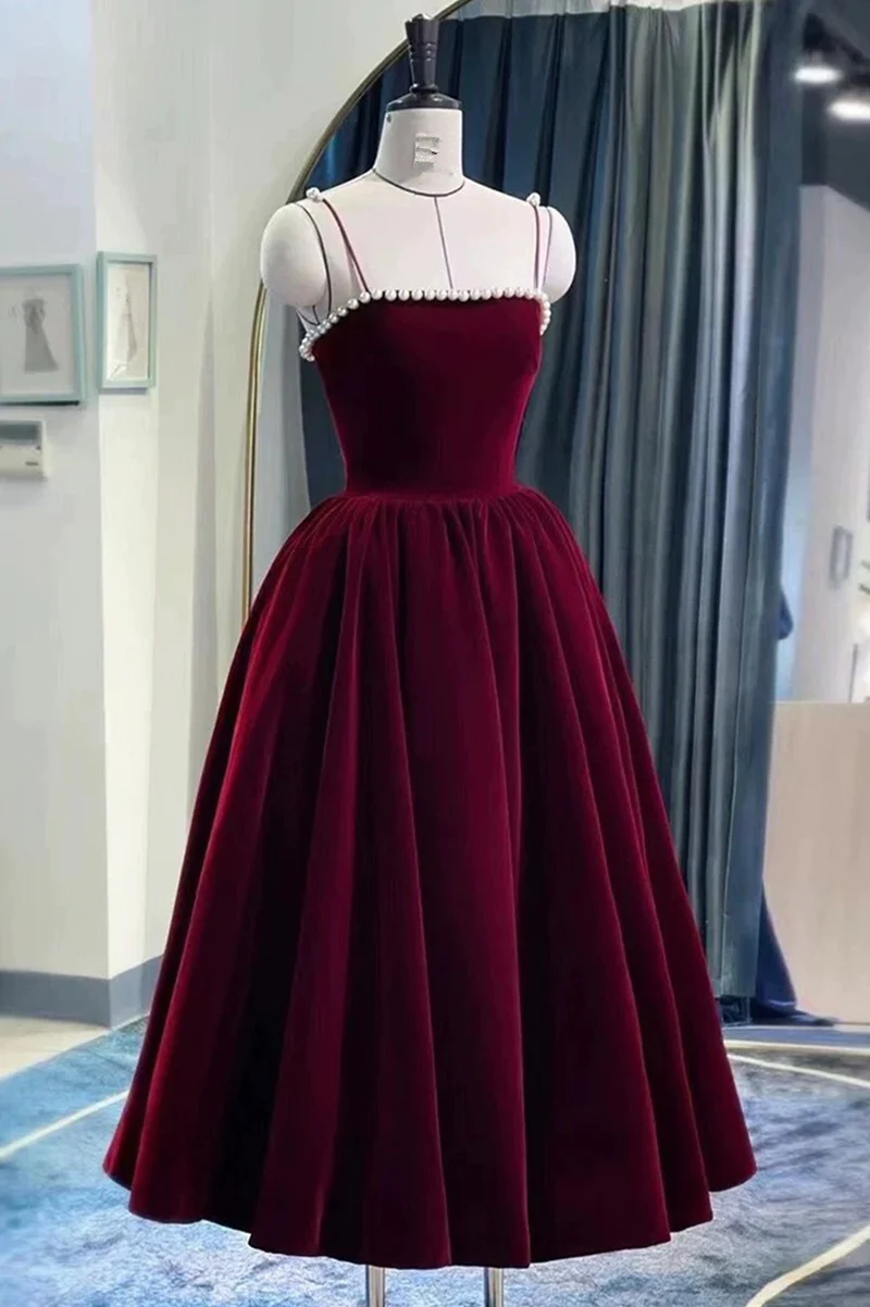 Vestido formal de terciopelo largo hasta la rodilla con tirantes de perlas, vestidos de fiesta de boda de terciopelo