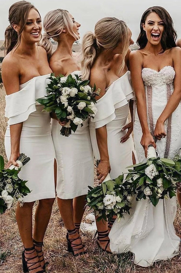 Vestido de dama de honor blanco con hombros descubiertos y corte tubo hasta la rodilla, vestidos sencillos para invitadas de boda