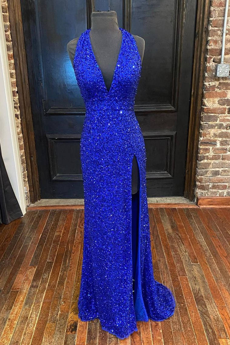 Vestido de fiesta azul real con lentejuelas y abertura en la espalda, vestido formal con lentejuelas