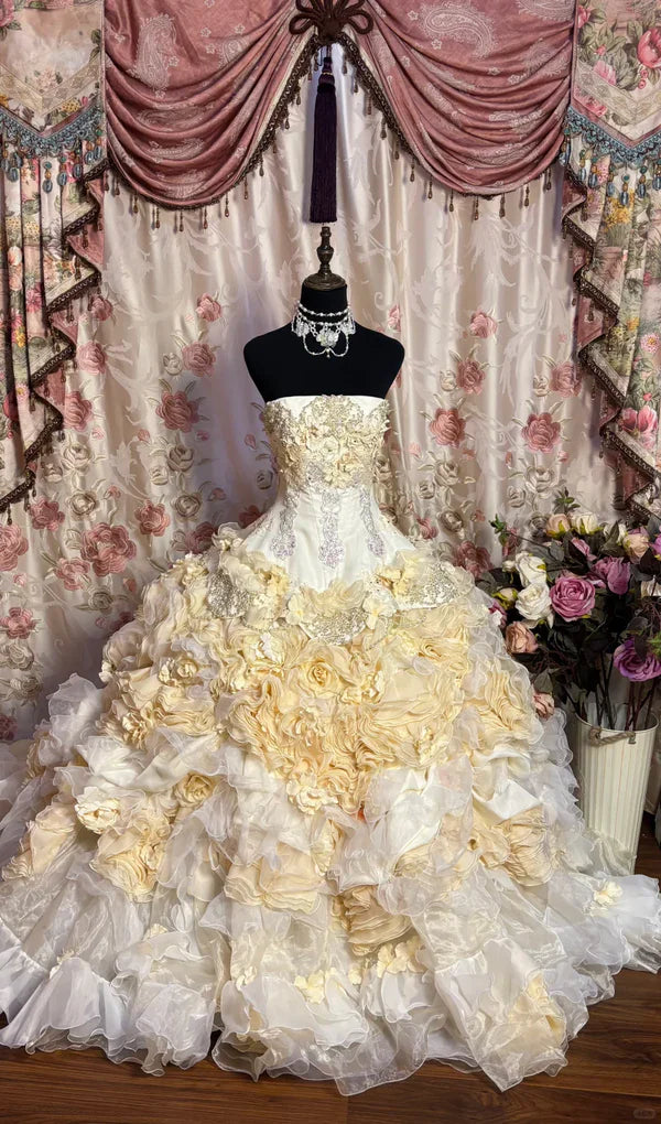 Hermoso vestido de noche de quinceañera sin tirantes con volantes, corte A, para quinceañeras, TP4283