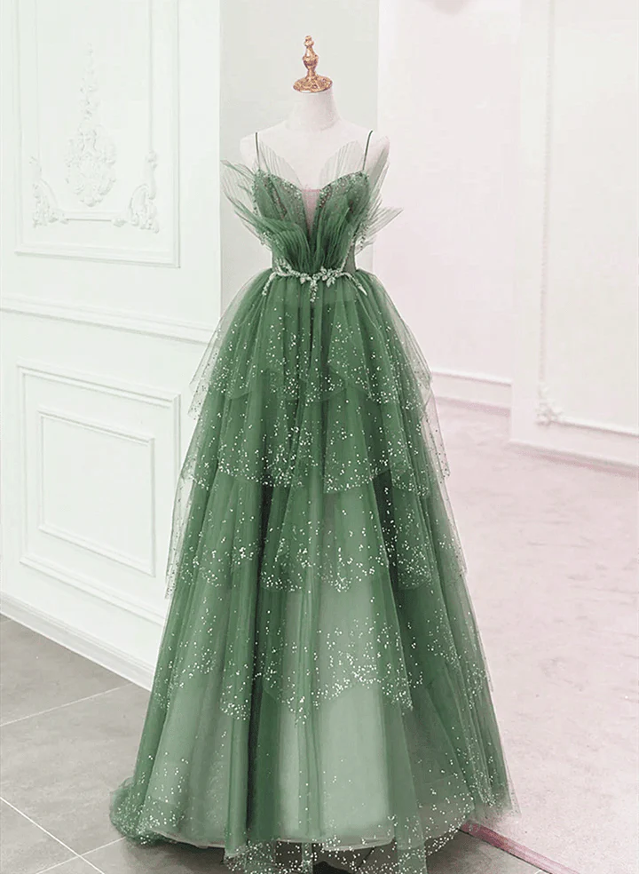 Green Layers Tulle Straps Beaded Long Party Dress, Green Long Formal Dress fg4491
