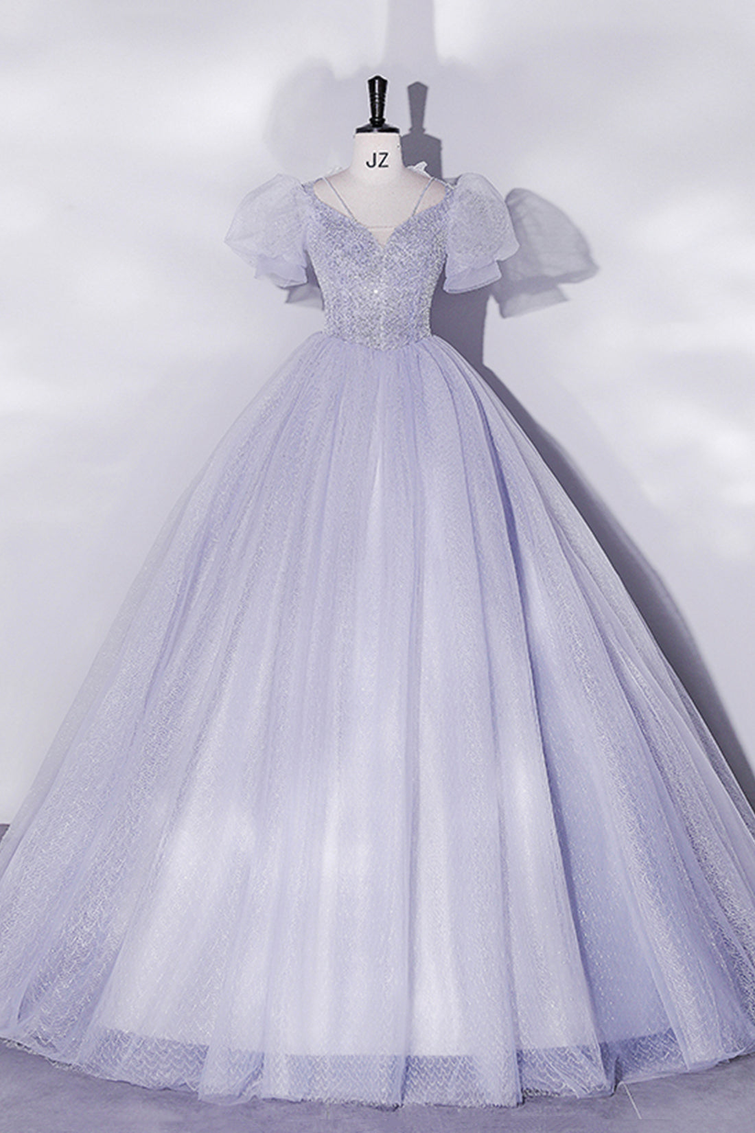 Beautiful Light Blue Tulle Sequins Prom Dress, Scoop Neck Short Sleeve Puffy Floor-Length Evening Dress