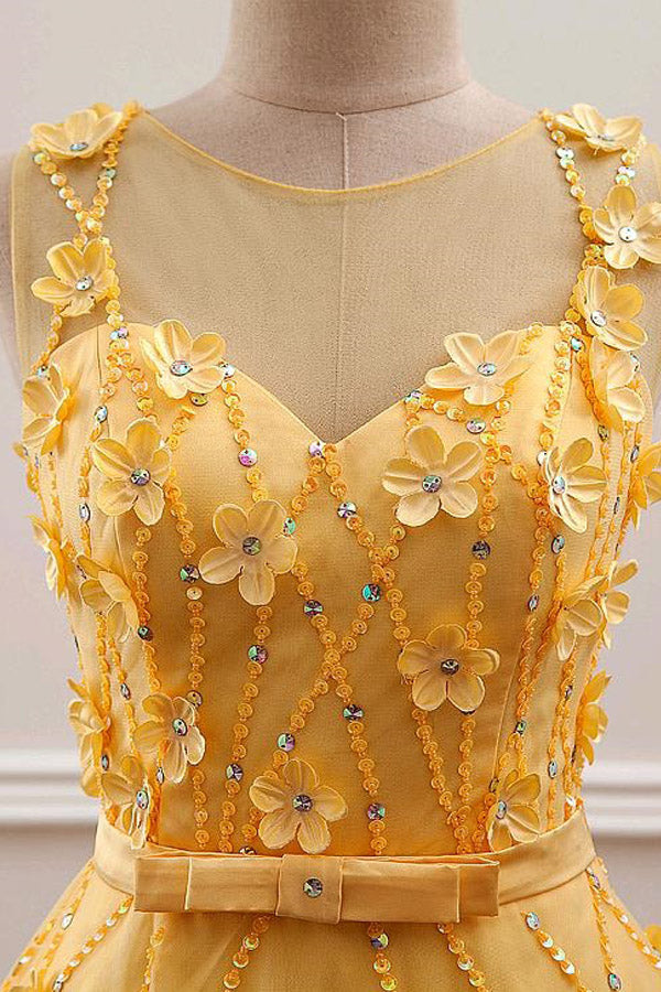 A-Line Yellow Tulle Long Prom Dress With 3D Flowers,WP281