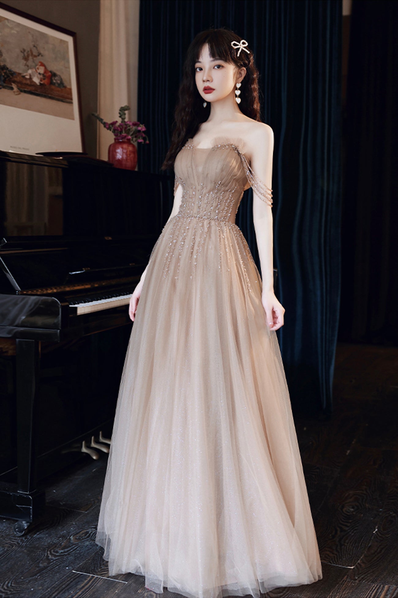 Cute Tulle Long Prom Dress with Beaded, A-Line Off the Shoulder Evening Dress