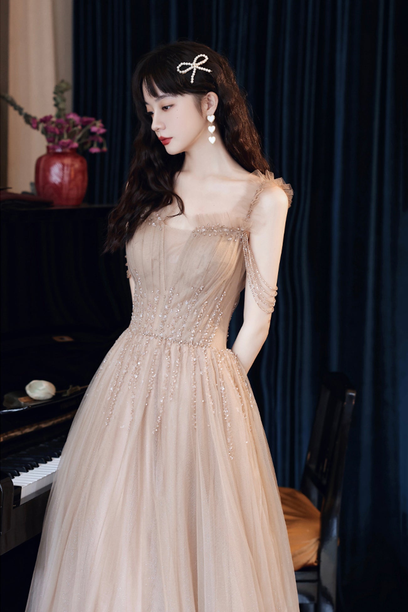 Cute Tulle Long Prom Dress with Beaded, A-Line Off the Shoulder Evening Dress