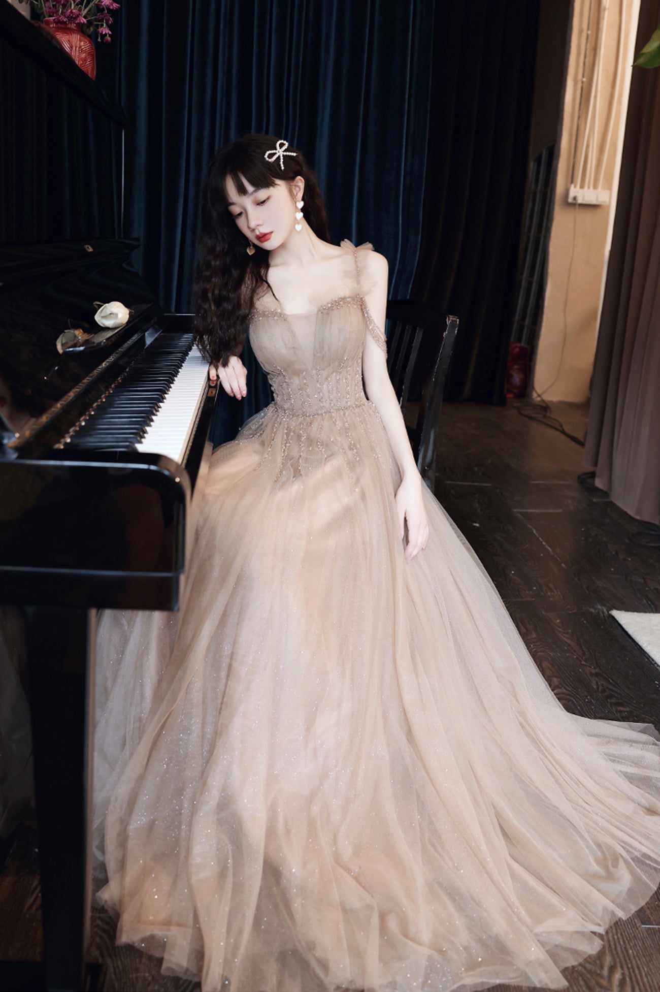 Cute Tulle Long Prom Dress with Beaded, A-Line Off the Shoulder Evening Dress