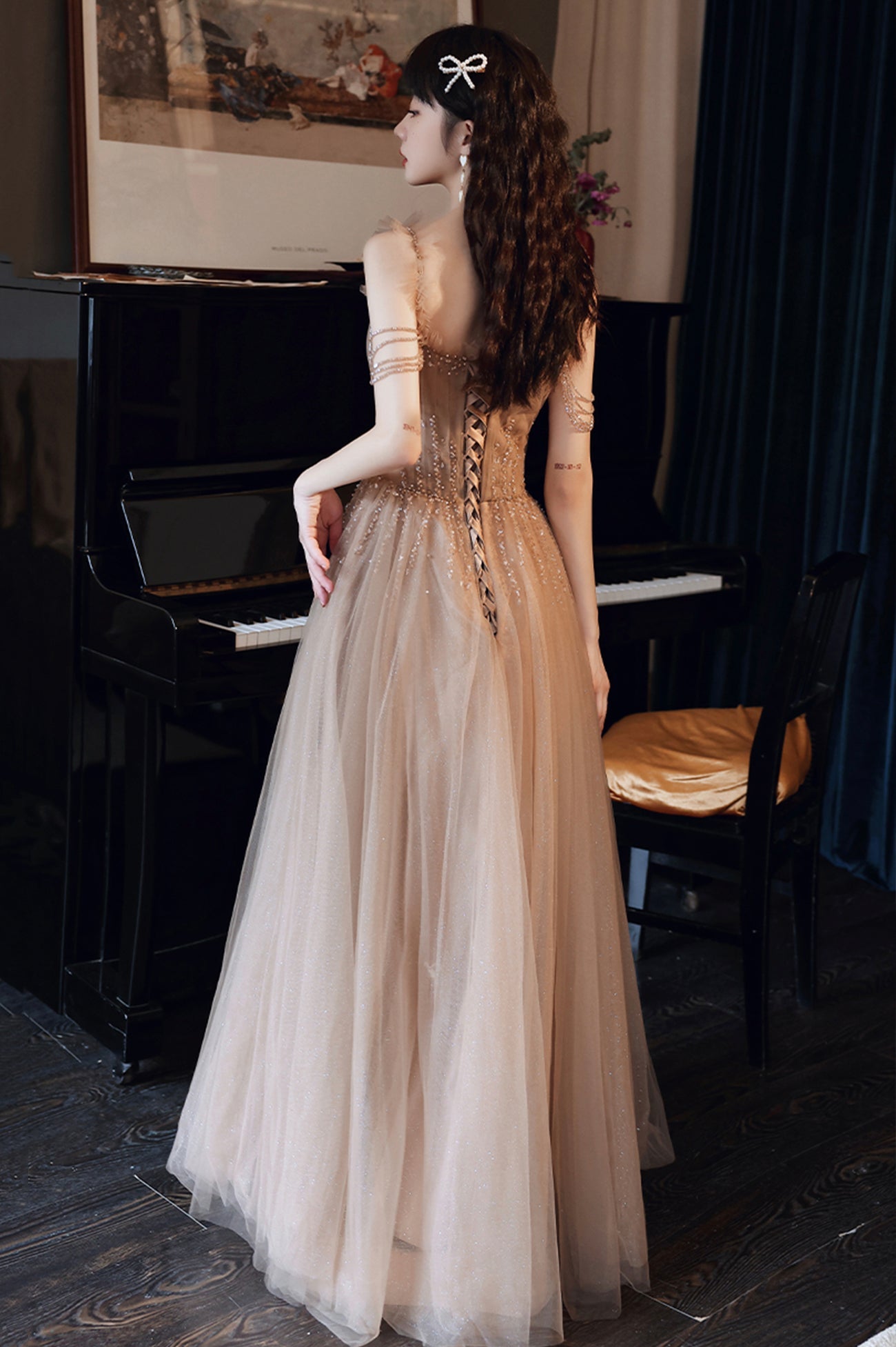 Cute Tulle Long Prom Dress with Beaded, A-Line Off the Shoulder Evening Dress