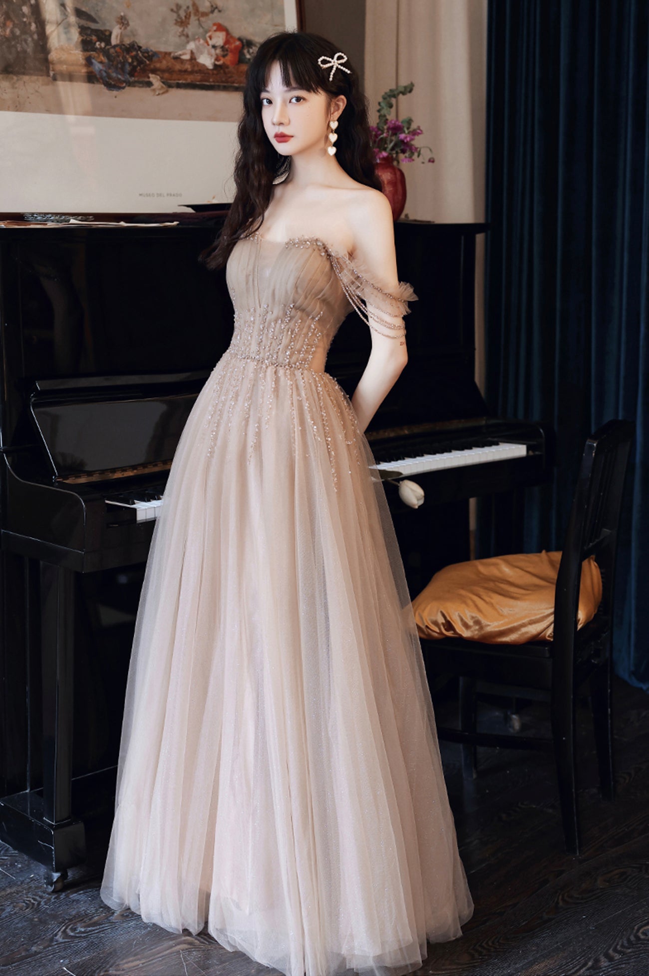 Cute Tulle Long Prom Dress with Beaded, A-Line Off the Shoulder Evening Dress