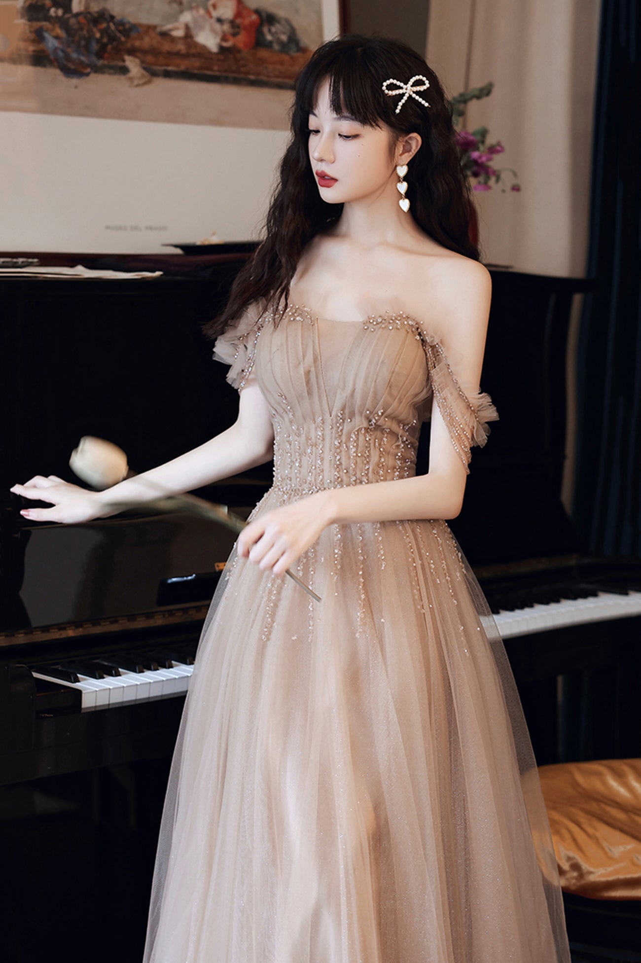 Cute Tulle Long Prom Dress with Beaded, A-Line Off the Shoulder Evening Dress