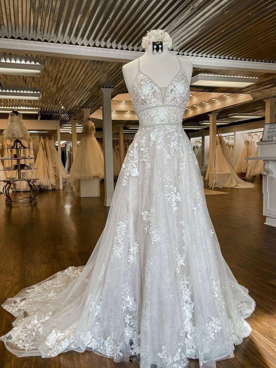 Vestido de fiesta largo de tul con escote en V y encaje único, vestido de novia de encaje