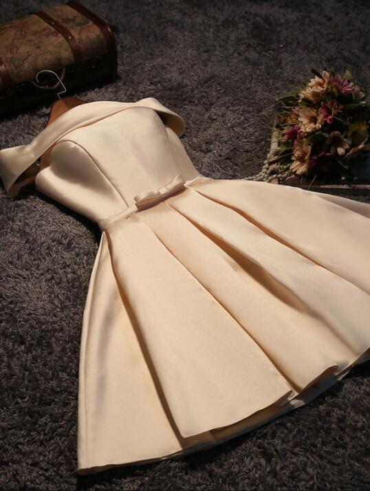 Bonito vestido de fiesta corto de satén color champán, vestidos de fiesta con hombros descubiertos