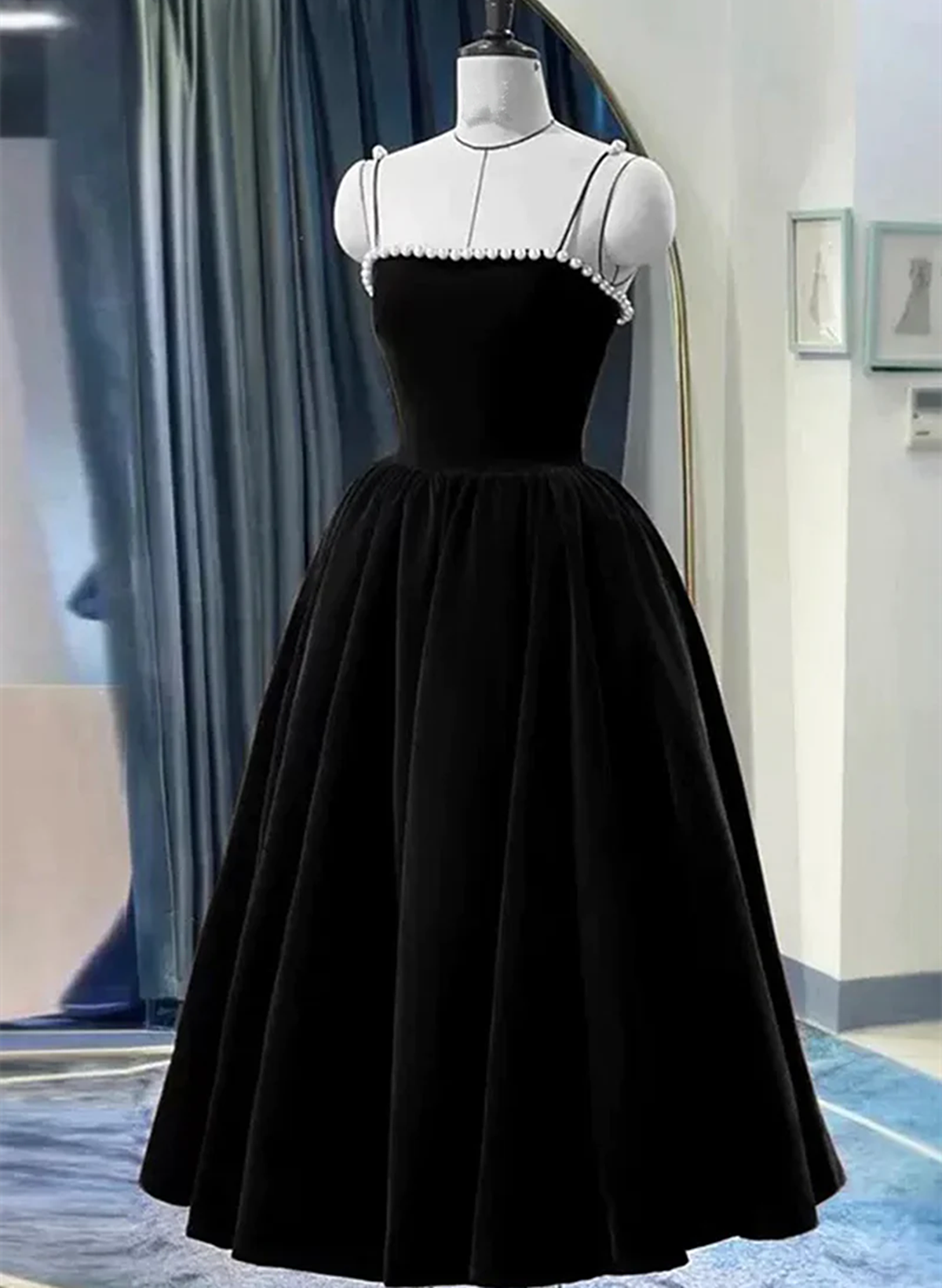 Vestido formal de terciopelo largo hasta la rodilla con tirantes de perlas, vestidos de fiesta de boda de terciopelo