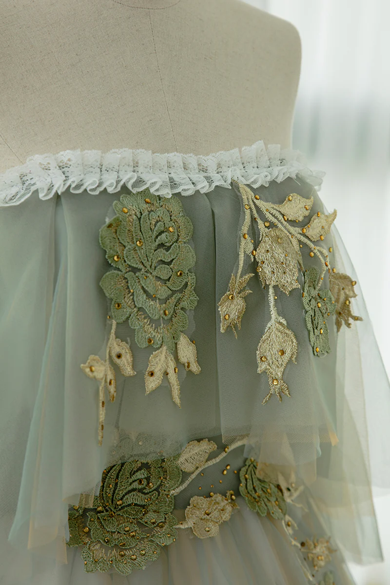 Vestido de fiesta de tul verde claro sin tirantes, corte A, vestidos de noche únicos