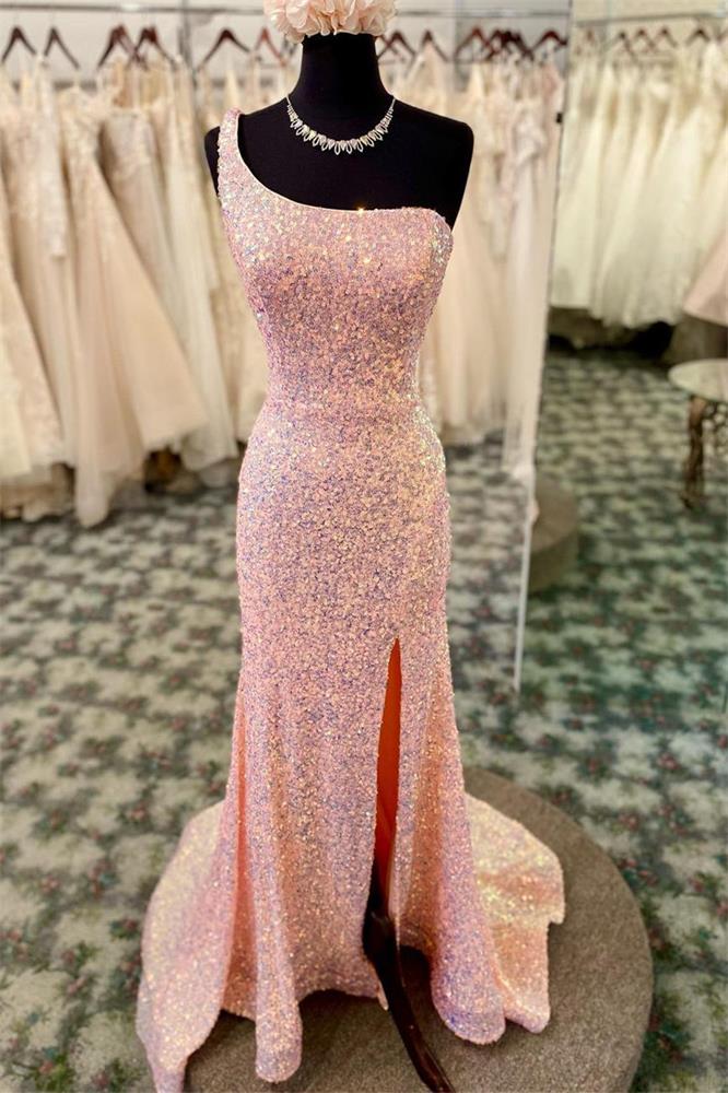 One Shoulder Backless Pink Long Prom Dresses With Slit, Sequined Evening Gown GP405