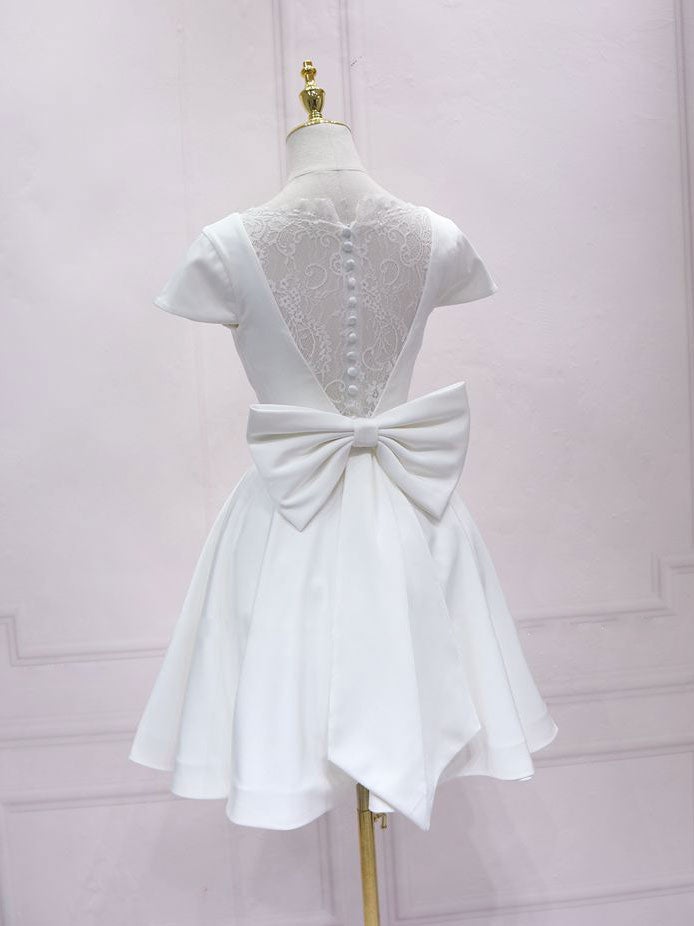 White v neck satin lace short prom dress, white homecoming dress