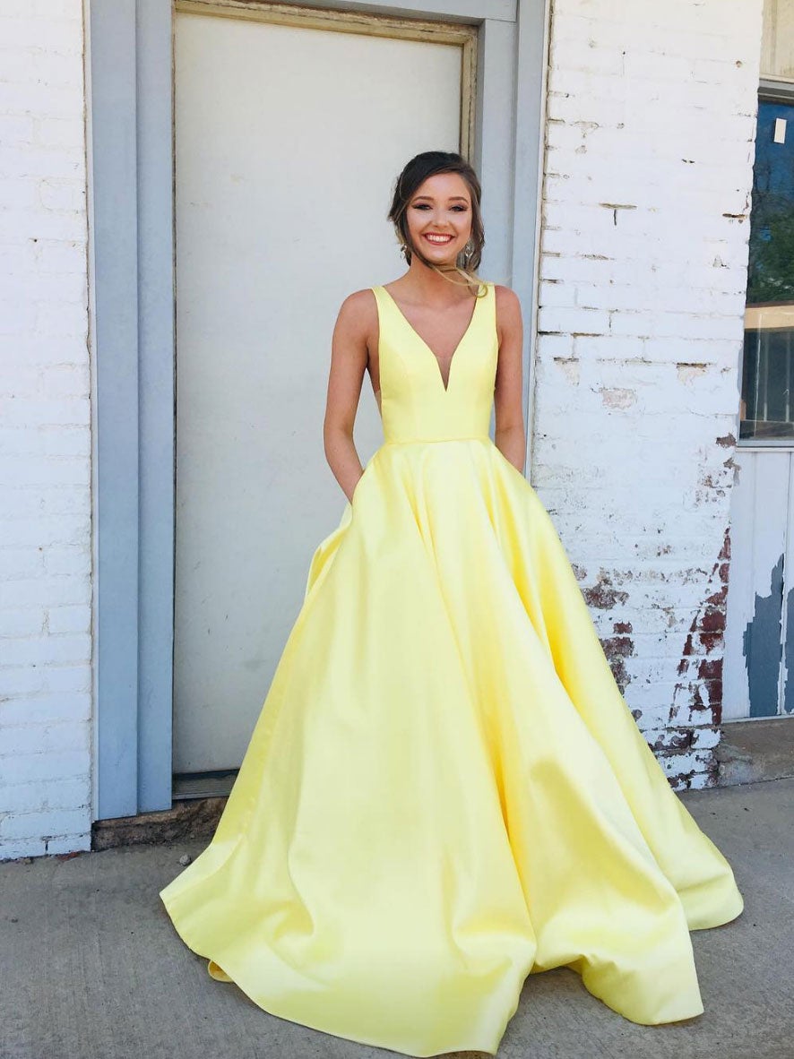 Vestido de fiesta largo de satén con escote en V sencillo, vestido de noche amarillo