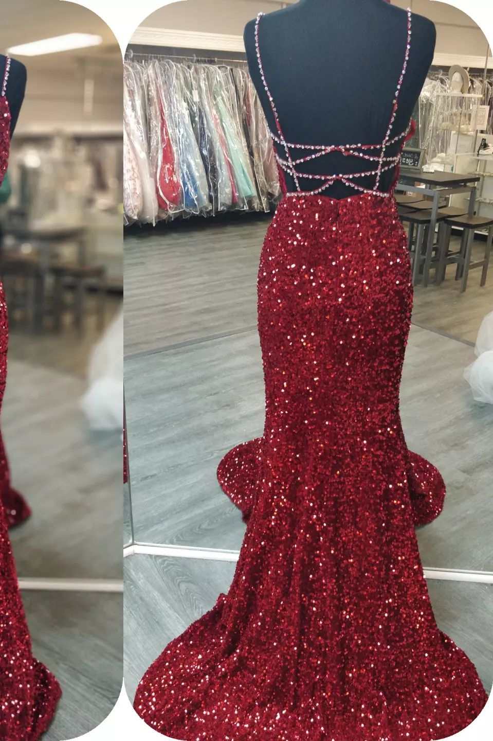 Vestido de fiesta de gala con escote en V, espalda con cordones y lentejuelas rojas de sirena brillante
