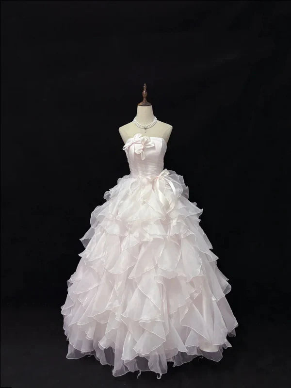 Vintage Light Pink Strapless Chiffon Sweet 16 Quinceanera A-Line Ruffles Evening Dress Ball Gown TP4272