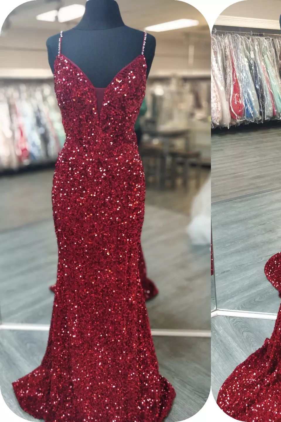 Vestido de fiesta de gala con escote en V, espalda con cordones y lentejuelas rojas de sirena brillante
