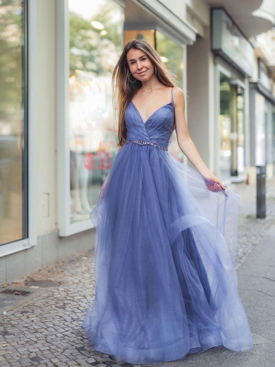 Vestido de fiesta largo de tul con escote en V azul, vestido de noche de tul azul