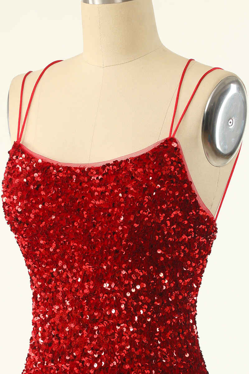Vestidos de fiesta cortos ajustados con lentejuelas rojas y cordones